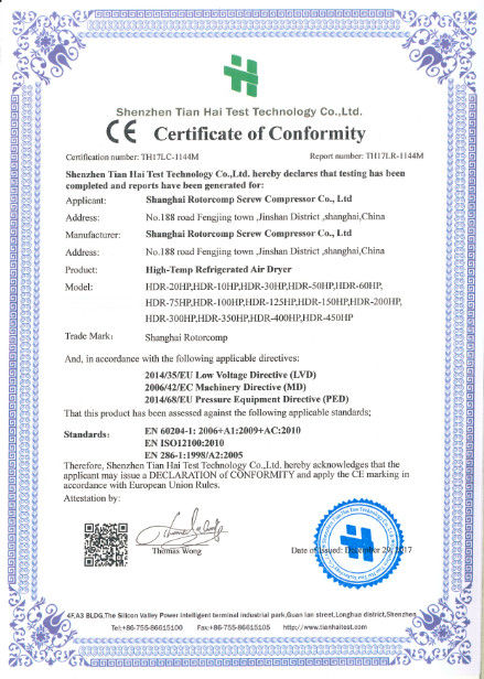 China Shanghai Rotorcomp Screw Compressor Co., Ltd zertifizierungen